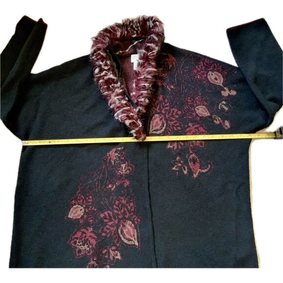 CHICO'S Sequin Beaded Cardigan Sweater Sz 3 (XL) Black/Red 3/4 Sleeve Faux Fur - Picture 7 of 16